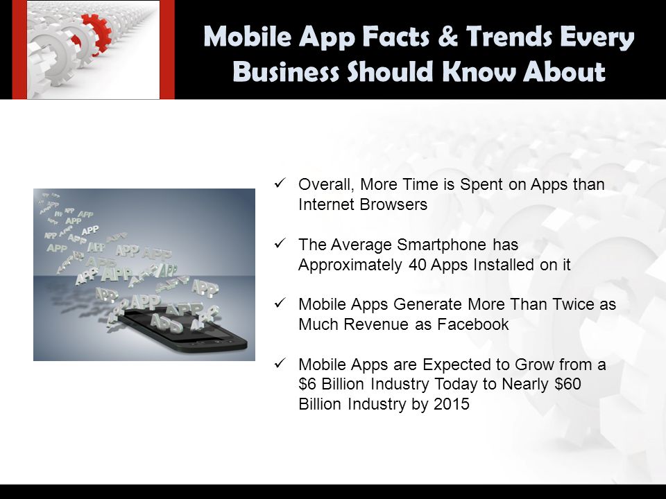 Overall, More Time is Spent on Apps than Internet Browsers The Average Smartphone has Approximately 40 Apps Installed on it Mobile Apps Generate More Than Twice as Much Revenue as Facebook Mobile Apps are Expected to Grow from a $6 Billion Industry Today to Nearly $60 Billion Industry by 2015 Mobile App Facts & Trends Every Business Should Know About