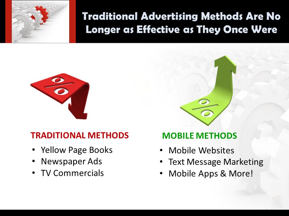 TRADITIONAL METHODS MOBILE METHODS Mobile Websites Text Message Marketing Mobile Apps & More.