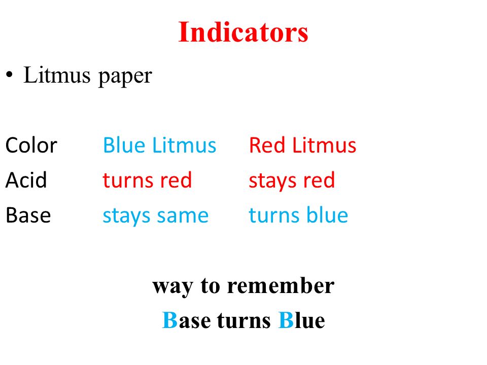 Indicators Litmus paper ColorBlue LitmusRed Litmus Acidturns redstays red Basestays sameturns blue way to remember Base turns Blue