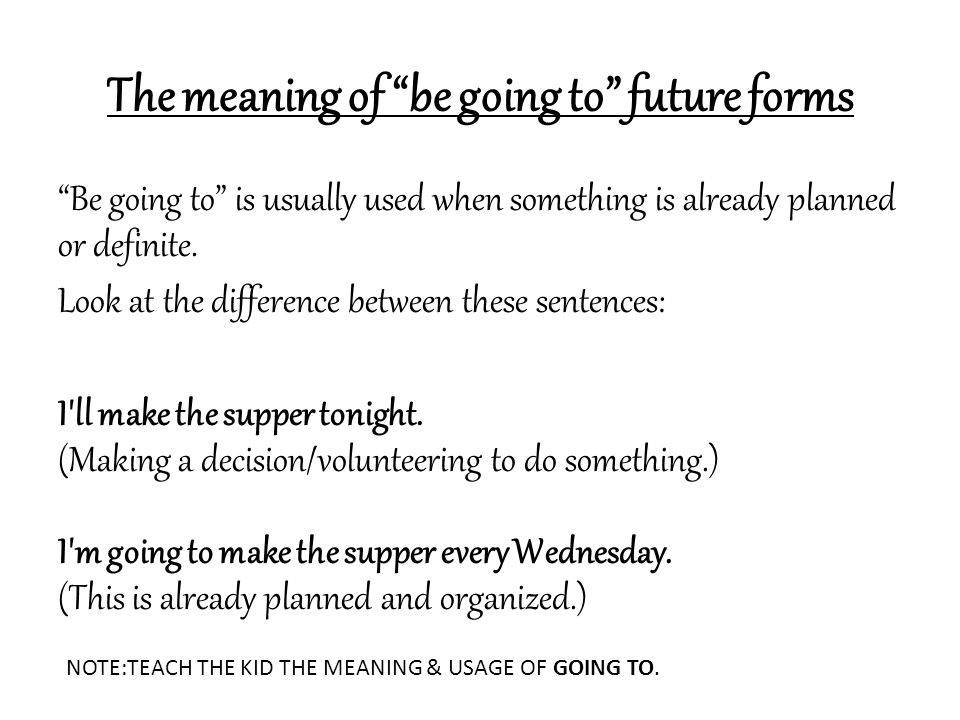 The meaning of be going to future forms Be going to is usually used when something is already planned or definite.