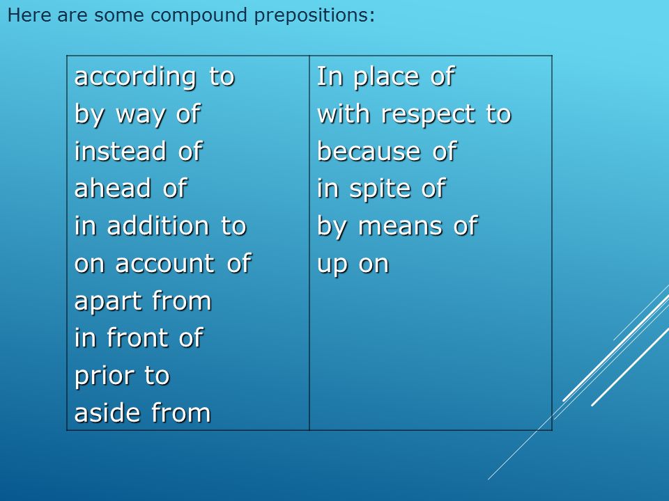 according to by way of instead of ahead of in addition to on account of apart from in front of prior to aside from In place of with respect to because of in spite of in spite of by means of up on Here are some compound prepositions: