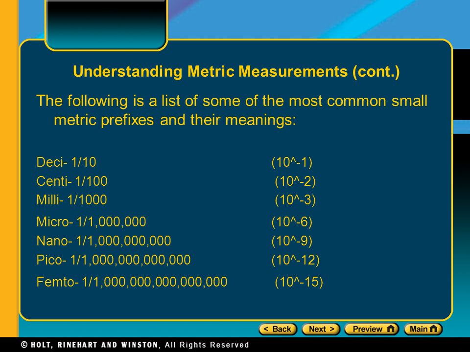 Understanding Metric Prefixes The following metric prefixes can be used in  front of any one of the base units to change the value by a power of ten.  Since. - ppt download