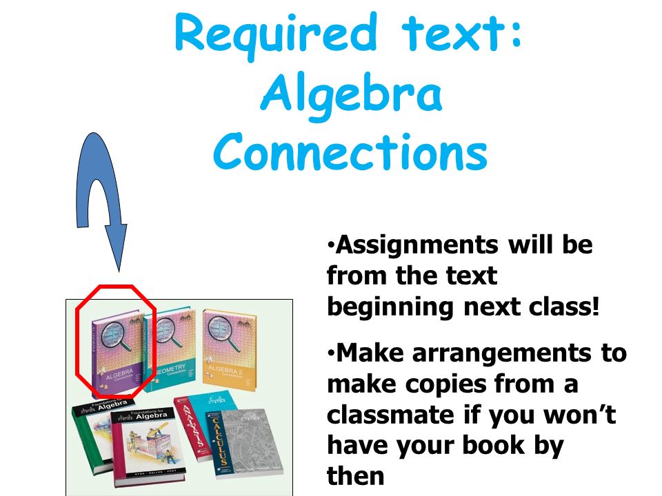 Required text: Algebra Connections Assignments will be from the text beginning next class.