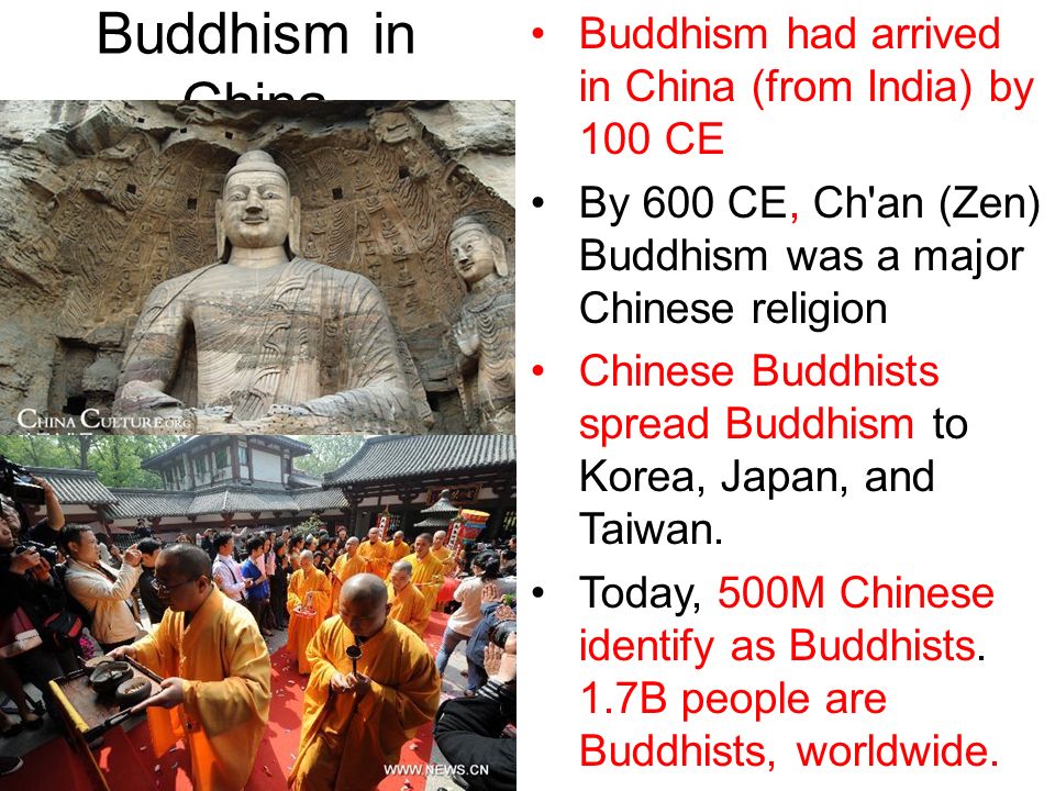 Buddhism in China Buddhism had arrived in China (from India) by 100 CE By 600 CE, Ch an (Zen) Buddhism was a major Chinese religion Chinese Buddhists spread Buddhism to Korea, Japan, and Taiwan.