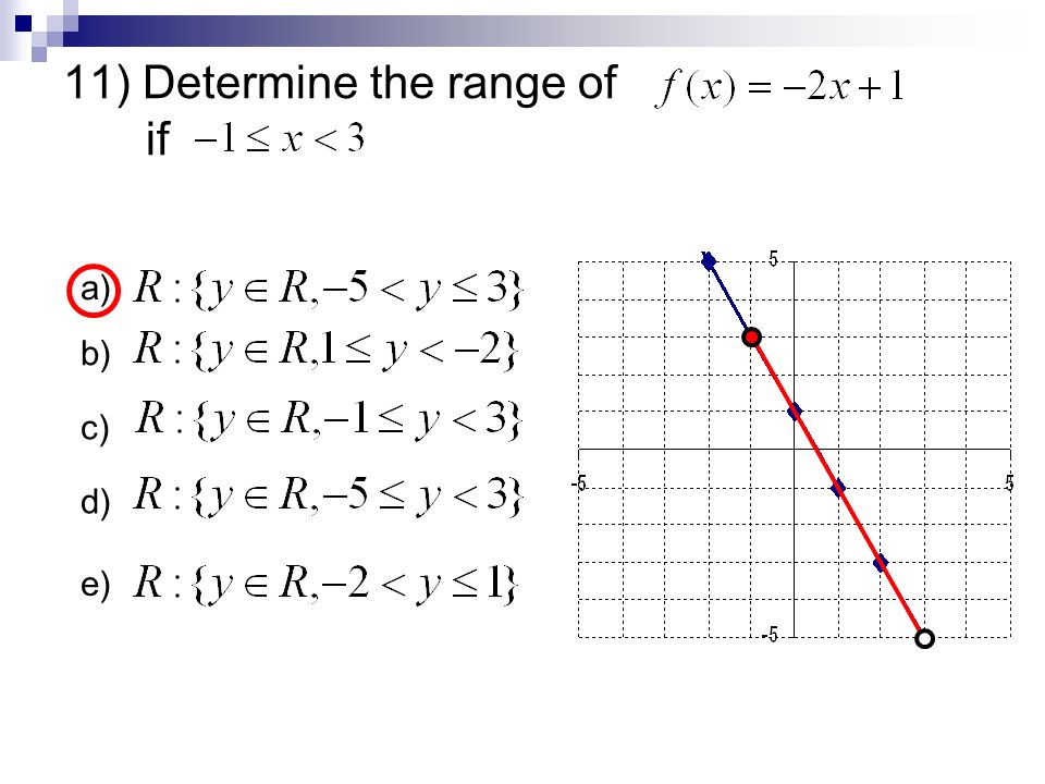 11) Determine the range of if a) b) c) d) e)