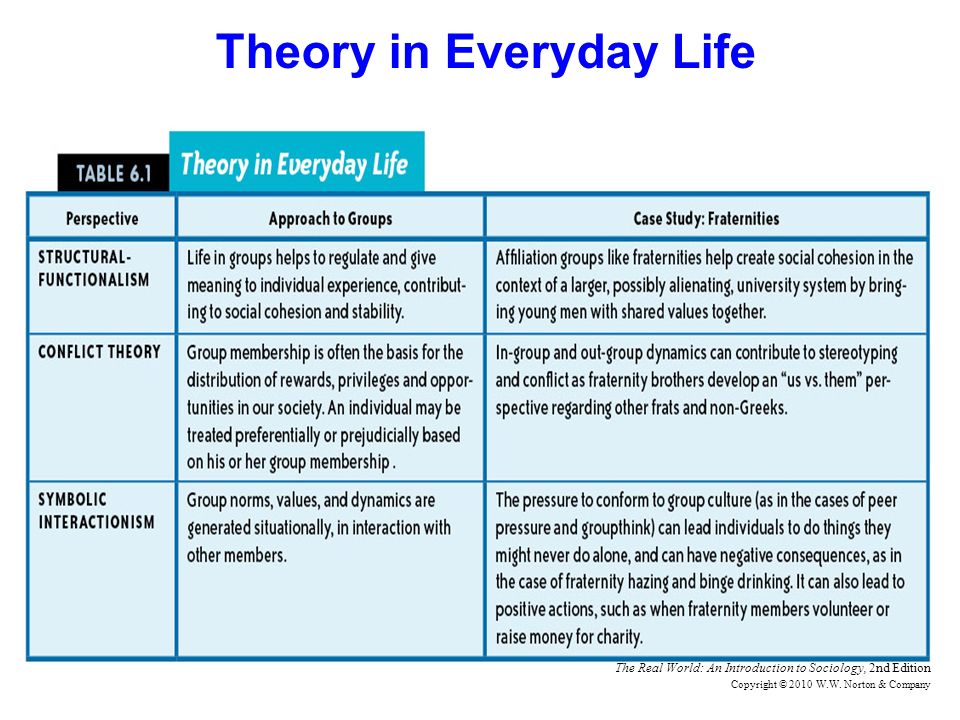 Everyday life. Life structure. Study Theory example. Group Theory examples.