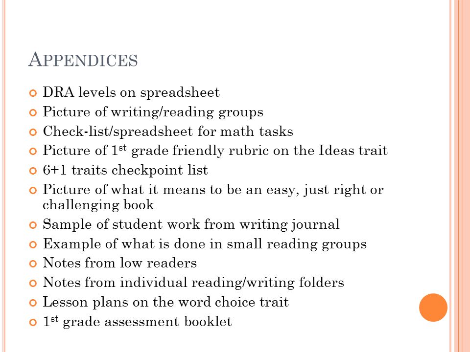 A PPENDICES DRA levels on spreadsheet Picture of writing/reading groups Check-list/spreadsheet for math tasks Picture of 1 st grade friendly rubric on the Ideas trait 6+1 traits checkpoint list Picture of what it means to be an easy, just right or challenging book Sample of student work from writing journal Example of what is done in small reading groups Notes from low readers Notes from individual reading/writing folders Lesson plans on the word choice trait 1 st grade assessment booklet