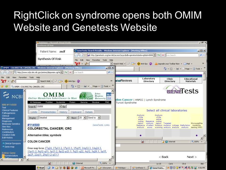 RightClick on syndrome opens both OMIM Website and Genetests Website