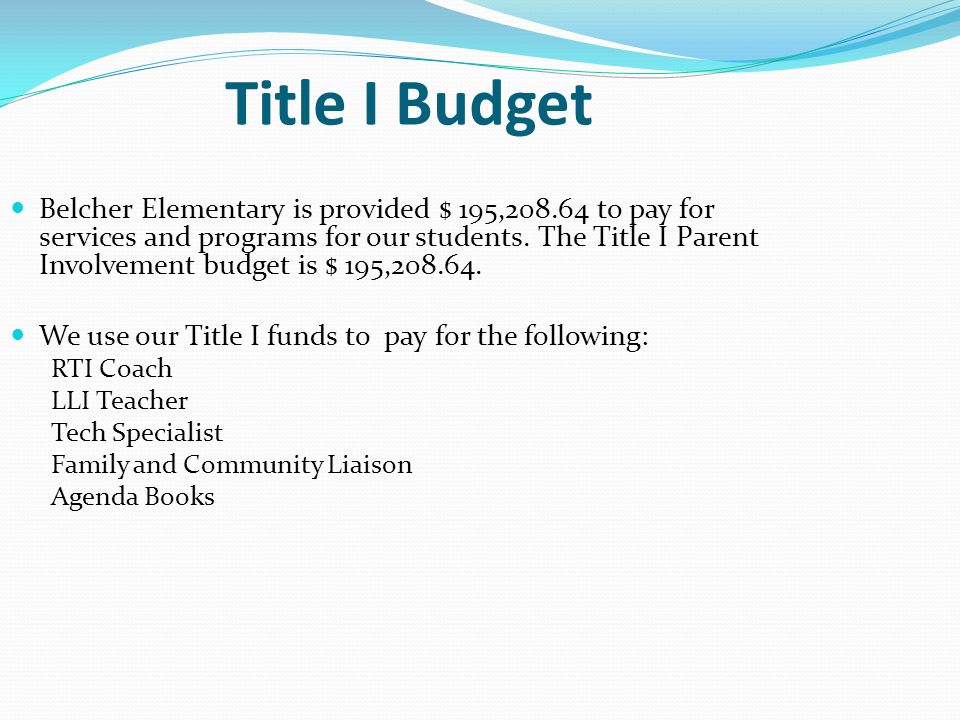 Title I Budget Belcher Elementary is provided $ 195, to pay for services and programs for our students.