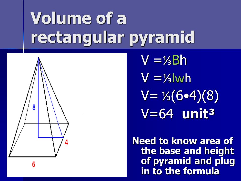 Volume of a rectangular pyramid V = ⅓ Bh V = ⅓lwh V= ⅓ (64)(8) V=64 unit³ Need to know area of the base and height of pyramid and plug in to the formula