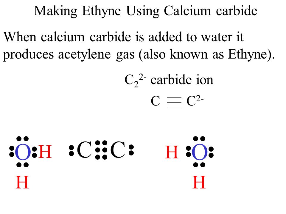 Making Ethyne Using Calcium carbide When calcium carbide is added to water it produces acetylene gas (also known as Ethyne).