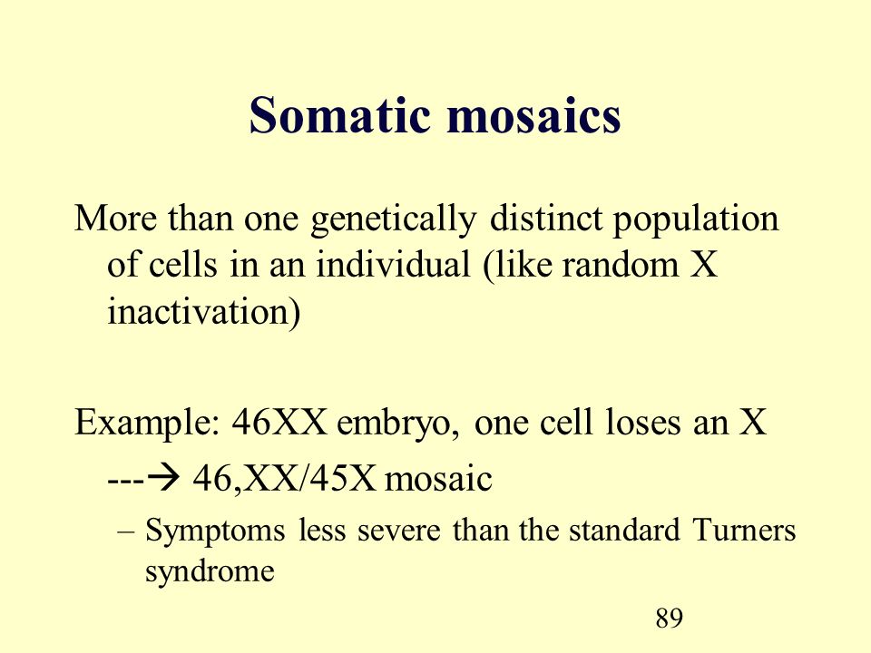 89 Somatic mosaics More than one genetically distinct population of cells in an individual (like random X inactivation) Example: 46XX embryo, one cell loses an X ---  46,XX/45X mosaic –Symptoms less severe than the standard Turners syndrome