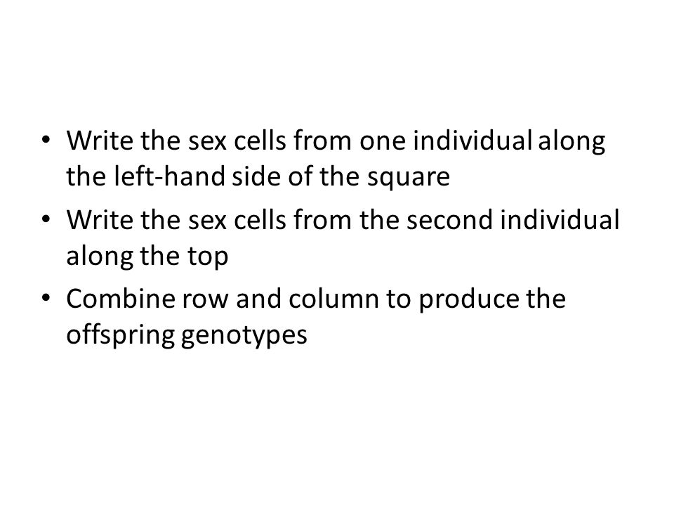 Write the sex cells from one individual along the left-hand side of the square Write the sex cells from the second individual along the top Combine row and column to produce the offspring genotypes