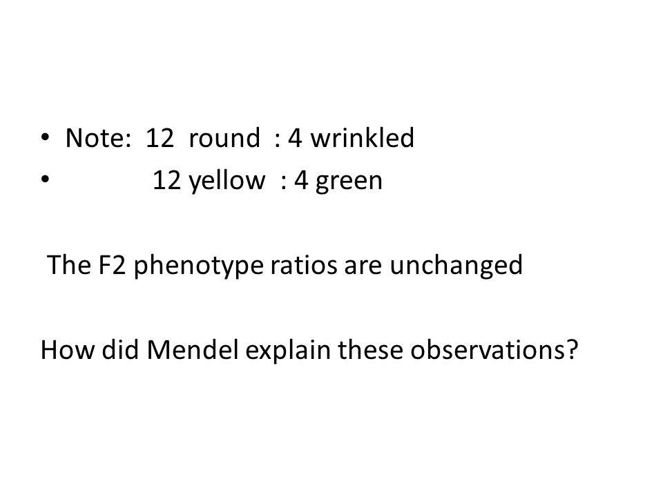 Note: 12 round : 4 wrinkled 12 yellow : 4 green The F2 phenotype ratios are unchanged How did Mendel explain these observations