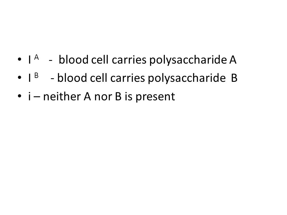 I A - blood cell carries polysaccharide A I B - blood cell carries polysaccharide B i – neither A nor B is present