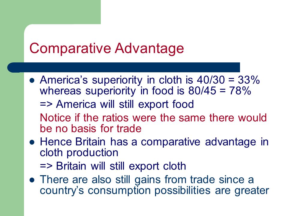 America’s superiority in cloth is 40/30 = 33% whereas superiority in food is 80/45 = 78% => America will still export food Notice if the ratios were the same there would be no basis for trade Hence Britain has a comparative advantage in cloth production => Britain will still export cloth There are also still gains from trade since a country’s consumption possibilities are greater
