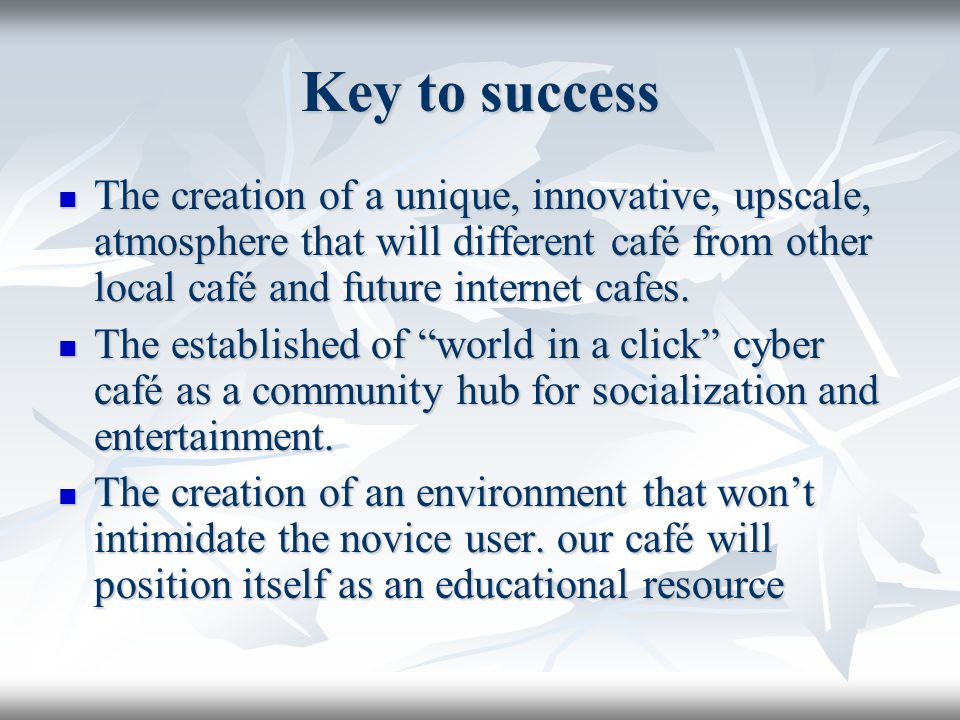 Key to success The creation of a unique, innovative, upscale, atmosphere that will different café from other local café and future internet cafes.