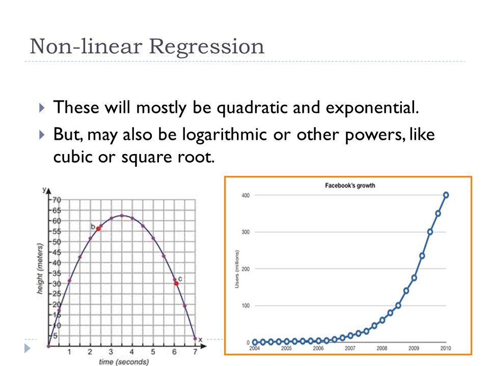 Non-linear Regression  These will mostly be quadratic and exponential.