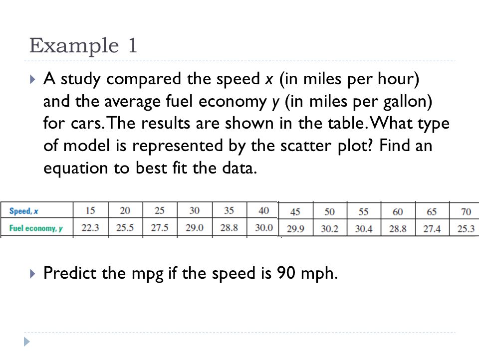 Example 1  A study compared the speed x (in miles per hour) and the average fuel economy y (in miles per gallon) for cars.