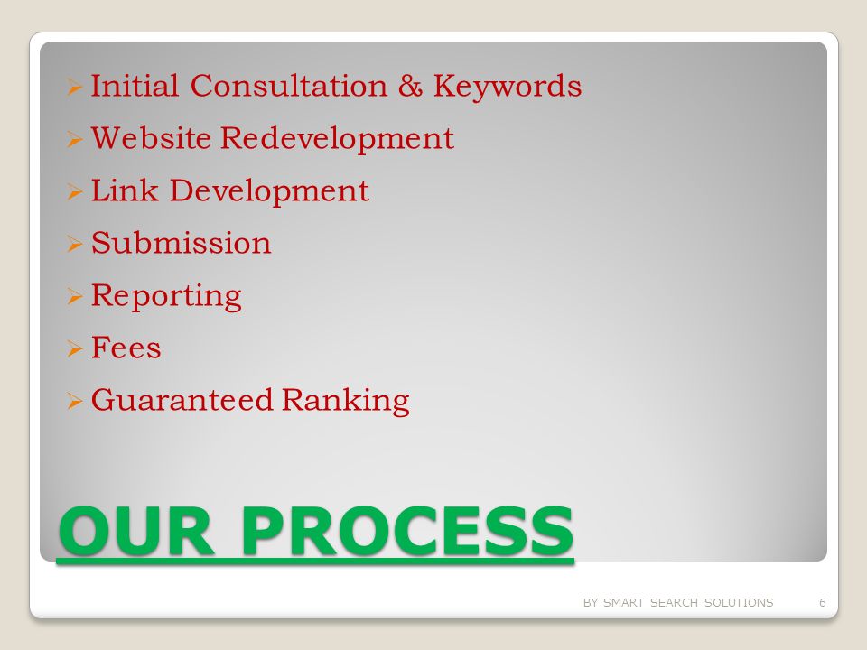 OUR PROCESS  Initial Consultation & Keywords  Website Redevelopment  Link Development  Submission  Reporting  Fees  Guaranteed Ranking BY SMART SEARCH SOLUTIONS6