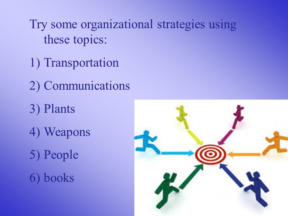 Try some organizational strategies using these topics: 1)Transportation 2)Communications 3)Plants 4)Weapons 5)People 6)books