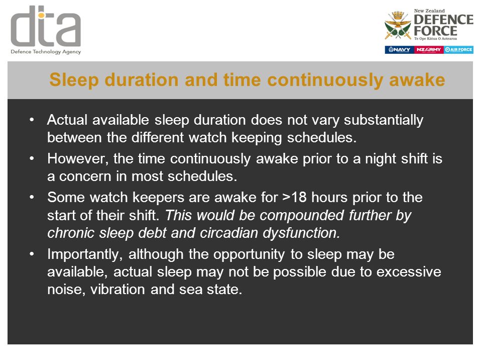 Sleep duration and time continuously awake Actual available sleep duration does not vary substantially between the different watch keeping schedules.