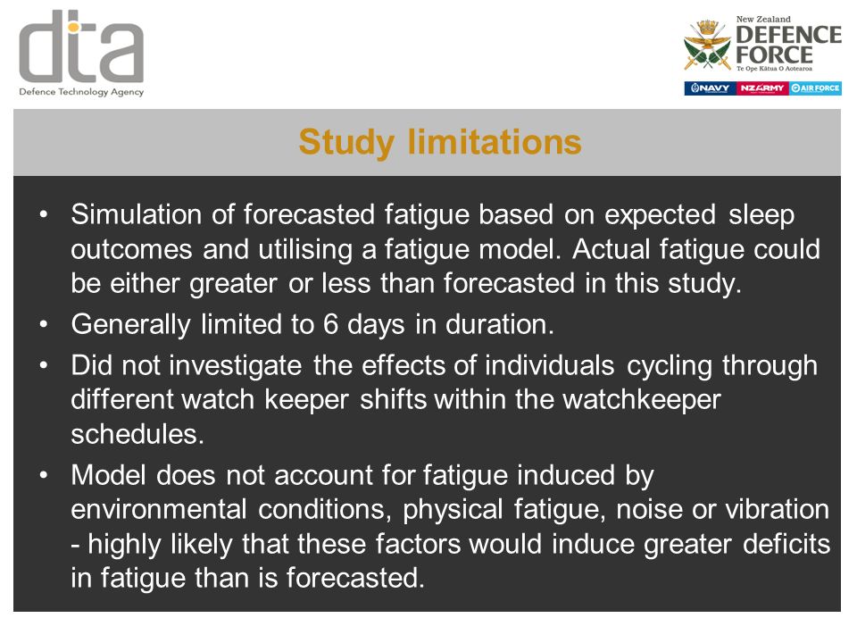 Study limitations Simulation of forecasted fatigue based on expected sleep outcomes and utilising a fatigue model.