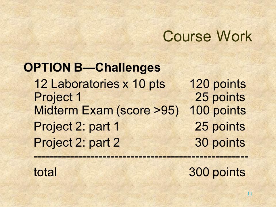 11 Course Work OPTION B—Challenges 12 Laboratories x 10 pts120 points Project 1 25 points Midterm Exam (score >95)100 points Project 2: part 1 25 points Project 2: part 2 30 points total 300 points