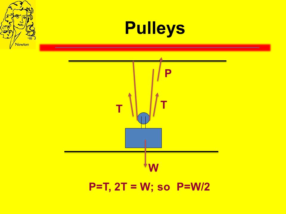 Pulleys P W T T P=T, 2T = W; so P=W/2