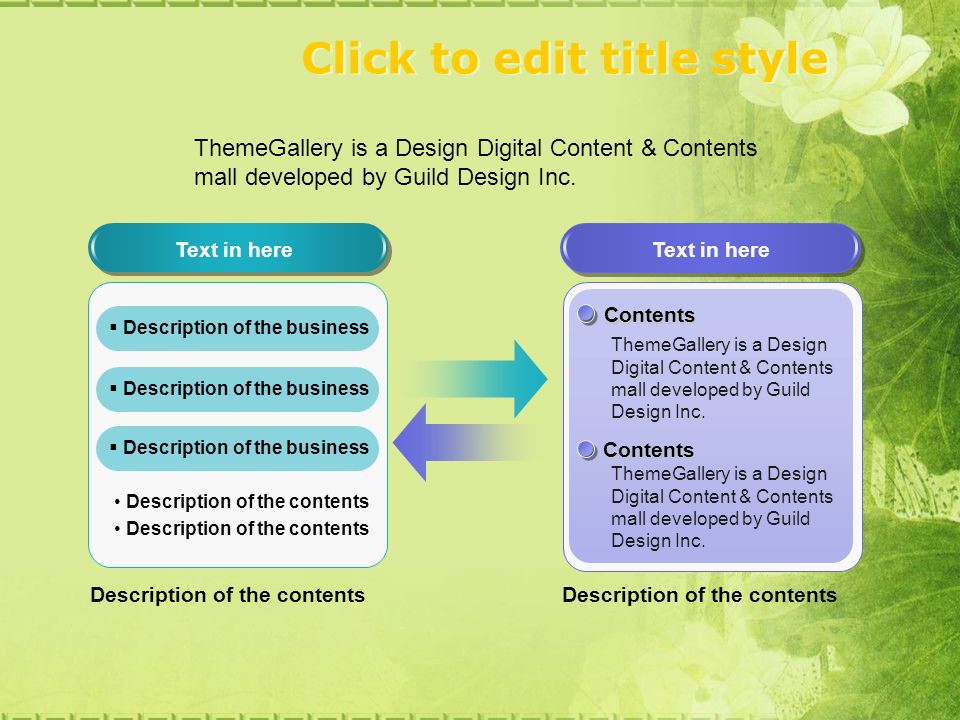 Click to edit title style Text in here Contents Contents ThemeGallery is a Design Digital Content & Contents mall developed by Guild Design Inc.