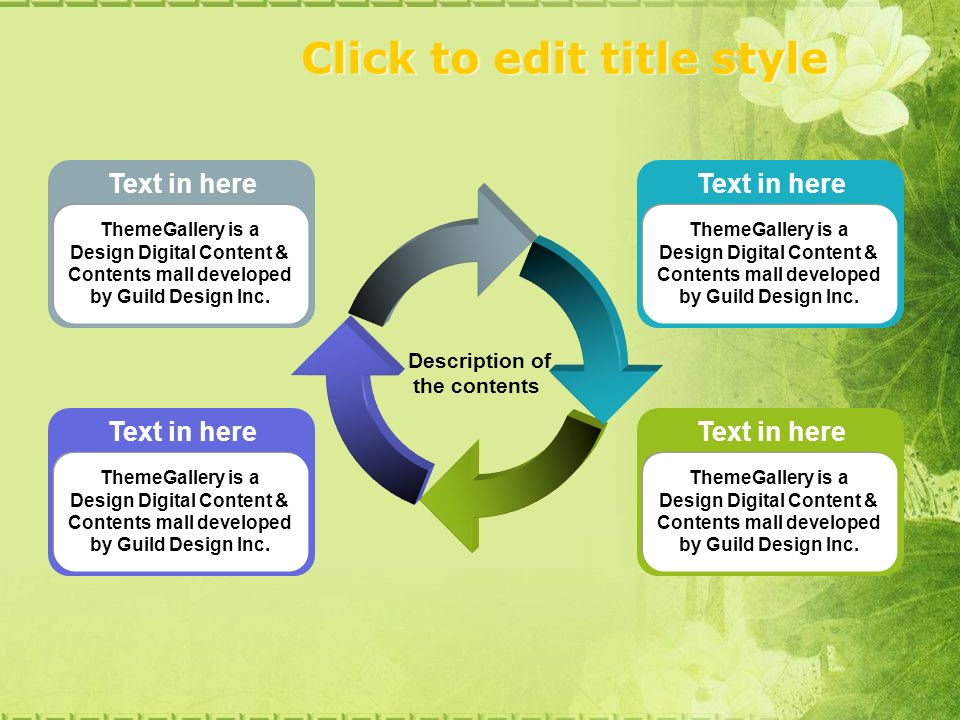 Click to edit title style Description of the contents Text in here ThemeGallery is a Design Digital Content & Contents mall developed by Guild Design Inc.
