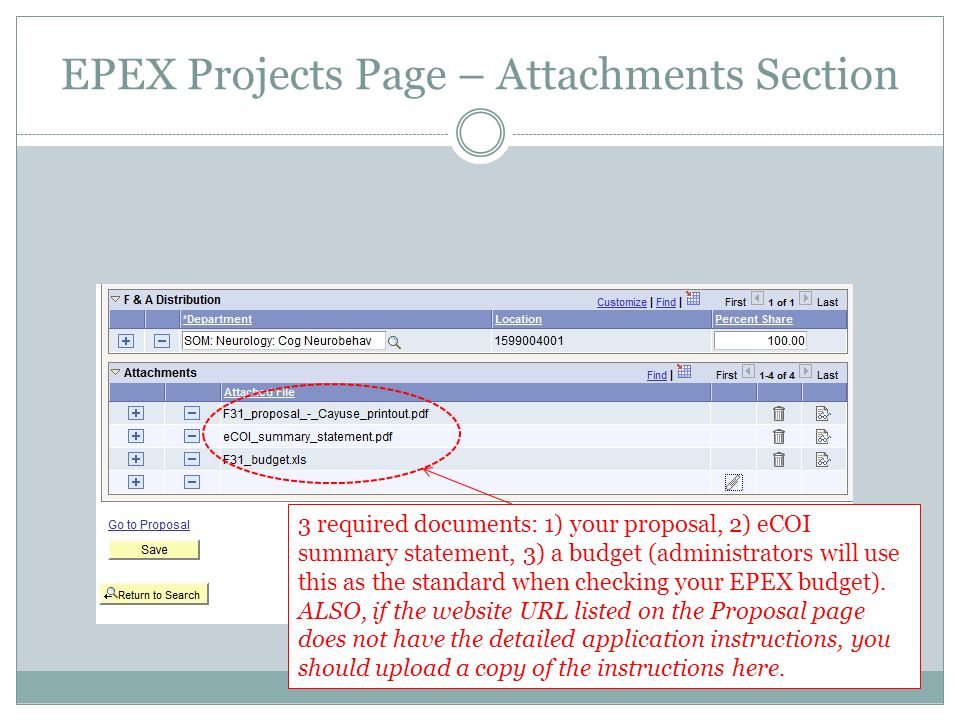 EPEX Projects Page – Attachments Section 3 required documents: 1) your proposal, 2) eCOI summary statement, 3) a budget (administrators will use this as the standard when checking your EPEX budget).