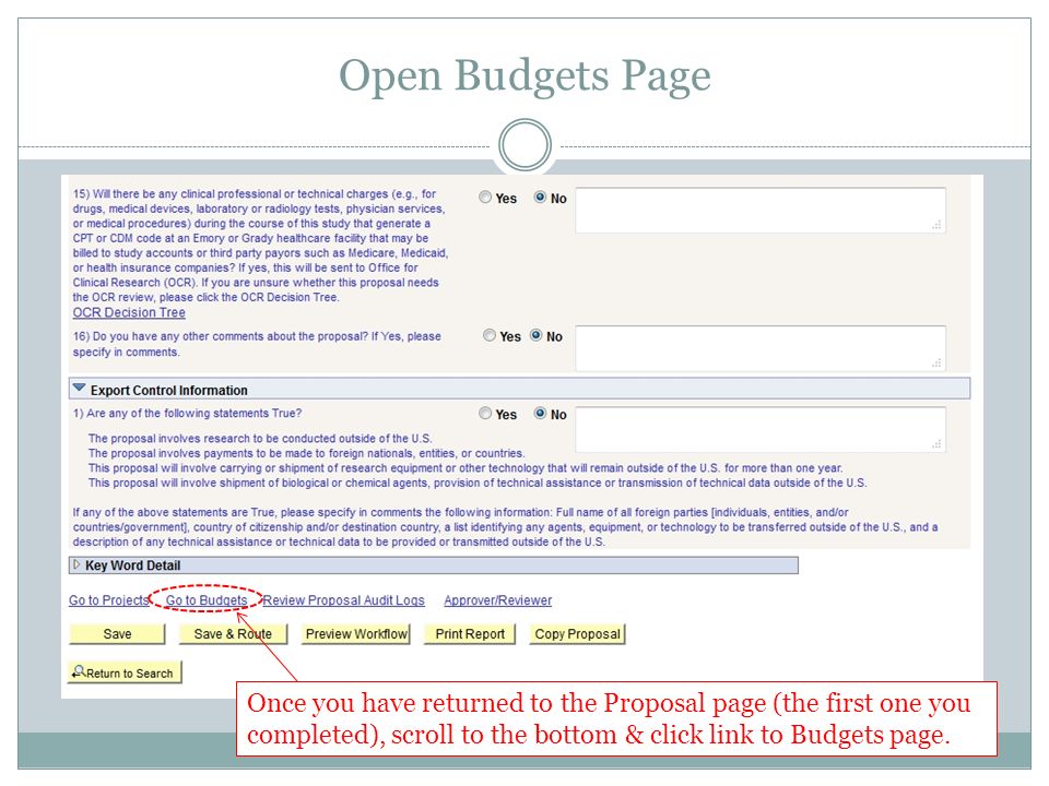 Open Budgets Page Once you have returned to the Proposal page (the first one you completed), scroll to the bottom & click link to Budgets page.