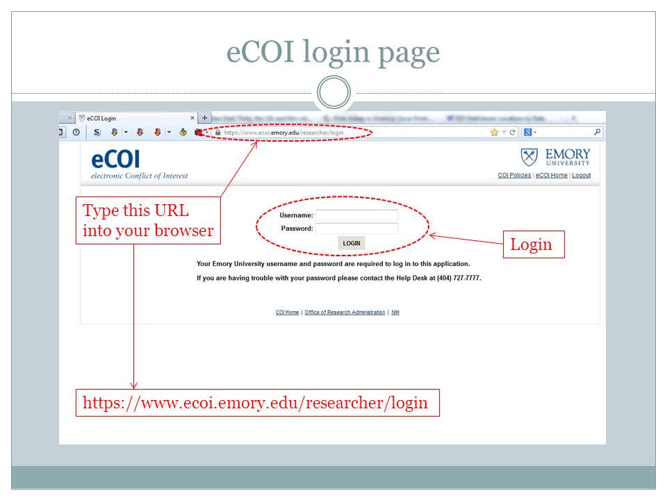 eCOI login page Type this URL into your browser   Login