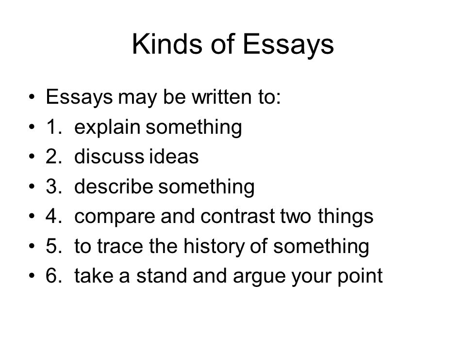 Kinds of Essays Essays may be written to: 1. explain something 2.