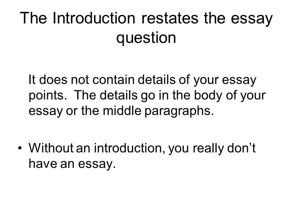 The Introduction restates the essay question It does not contain details of your essay points.