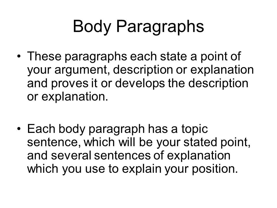 Body Paragraphs These paragraphs each state a point of your argument, description or explanation and proves it or develops the description or explanation.