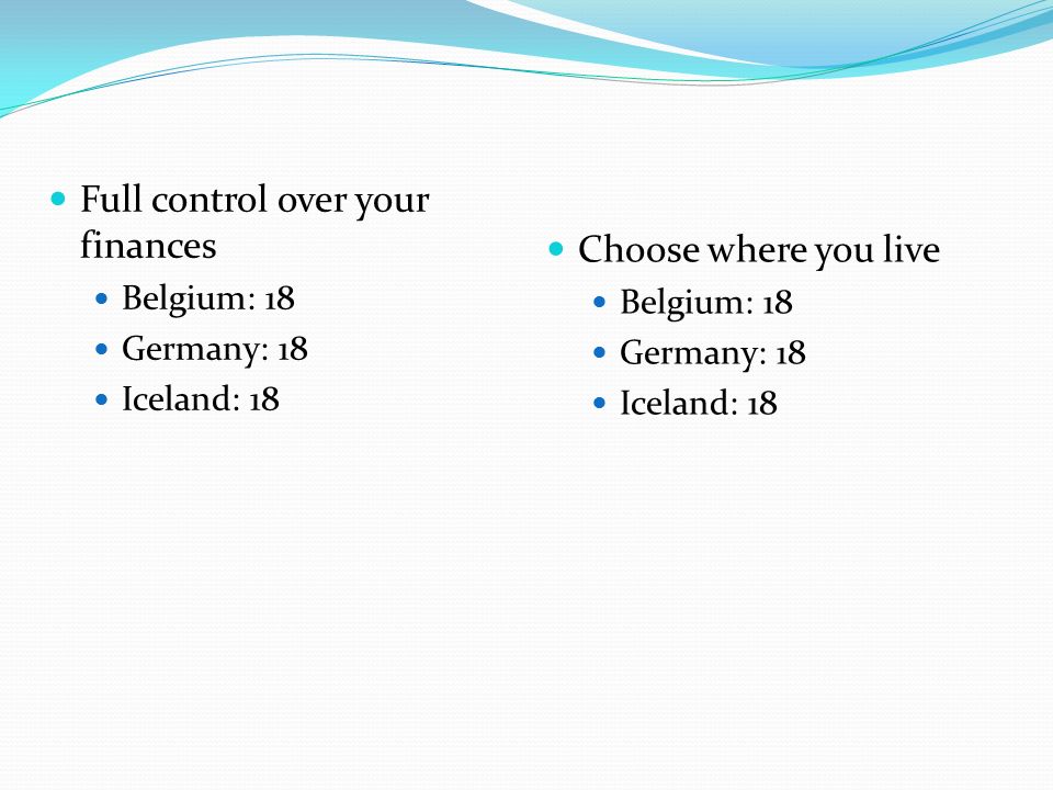 Full control over your finances Belgium: 18 Germany: 18 Iceland: 18 Choose where you live Belgium: 18 Germany: 18 Iceland: 18