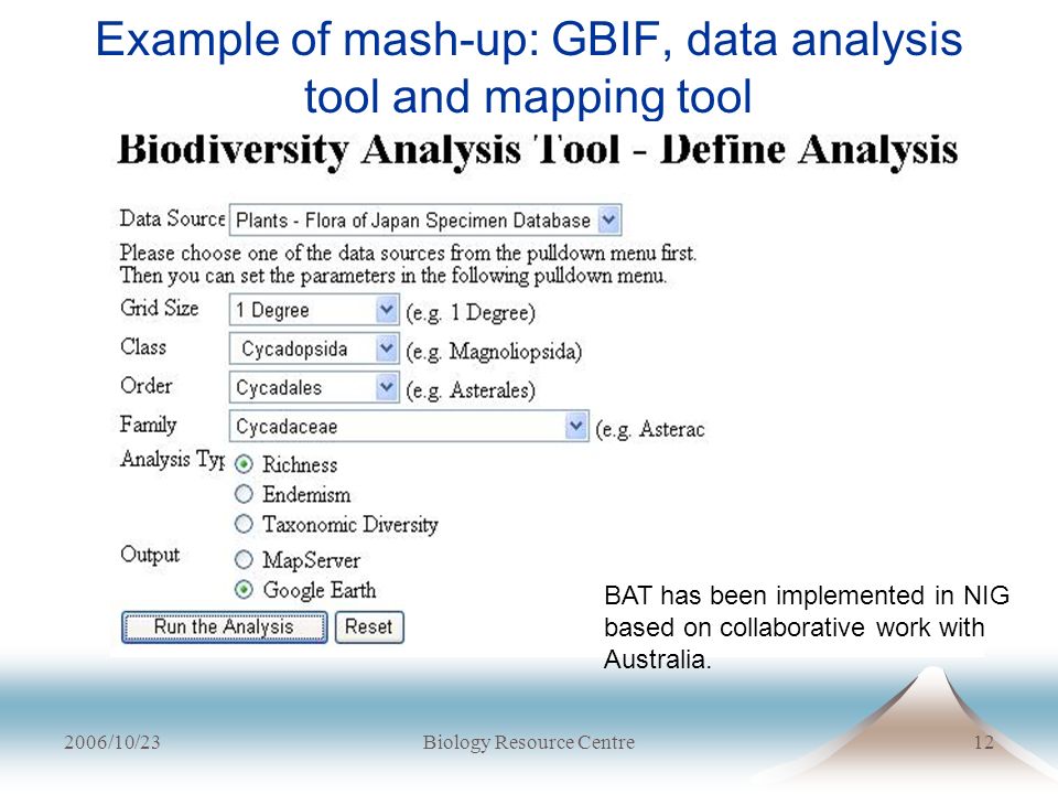 2006/10/23Biology Resource Centre12 Example of mash-up: GBIF, data analysis tool and mapping tool BAT has been implemented in NIG based on collaborative work with Australia.