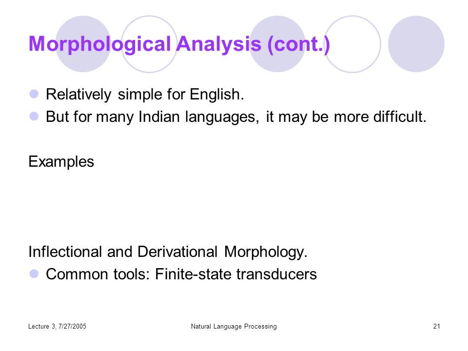 Lecture 3, 7/27/2005Natural Language Processing21 Morphological Analysis (cont.) Relatively simple for English.