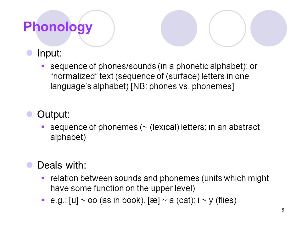5 Phonology Input:  sequence of phones/sounds (in a phonetic alphabet); or normalized text (sequence of (surface) letters in one language’s alphabet) [NB: phones vs.
