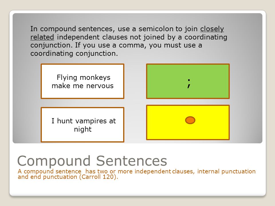 Compound Sentences A compound sentence has two or more independent clauses, internal punctuation and end punctuation (Carroll 120).