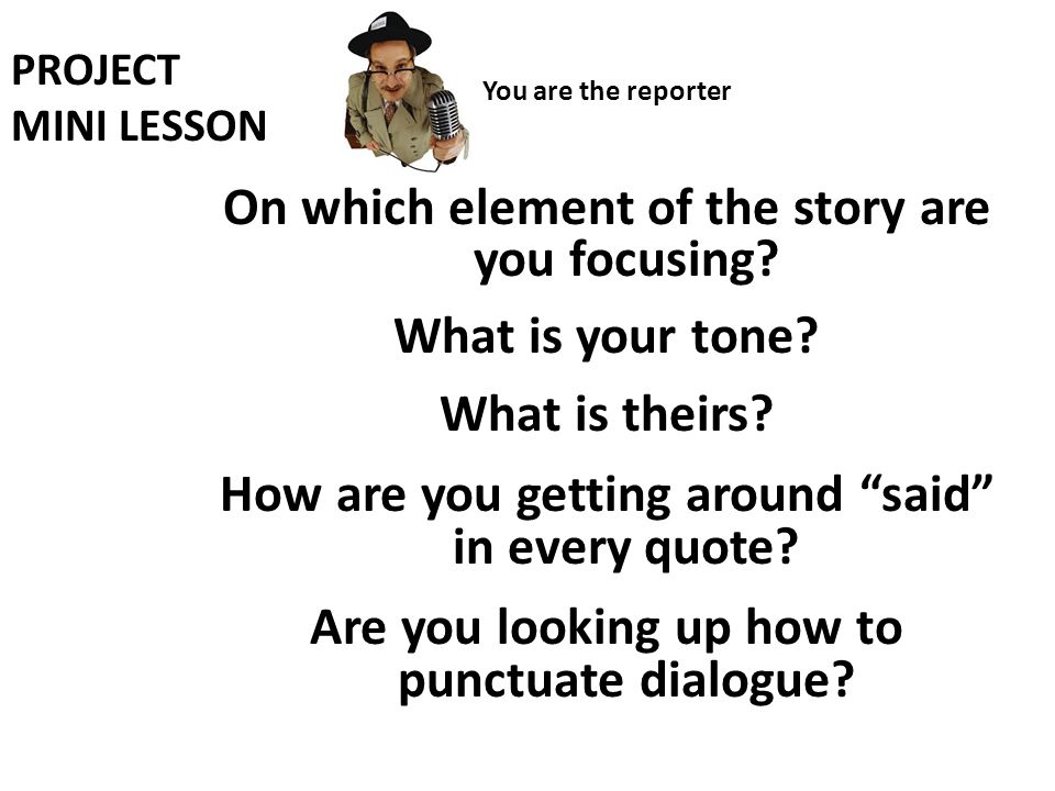 PROJECT MINI LESSON You are the reporter On which element of the story are you focusing.