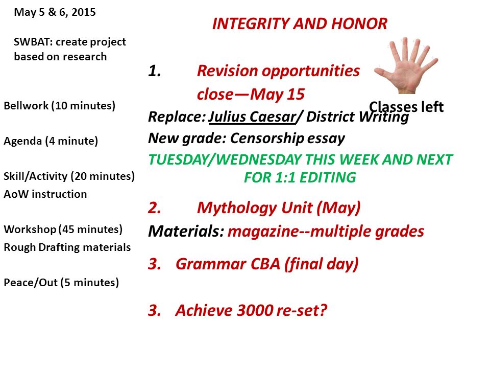 May 5 & 6, 2015 SWBAT: create project based on research INTEGRITY AND HONOR 1.Revision opportunities close—May 15 Replace: Julius Caesar/ District Writing New grade: Censorship essay TUESDAY/WEDNESDAY THIS WEEK AND NEXT FOR 1:1 EDITING 2.Mythology Unit (May) Materials: magazine--multiple grades 3.Grammar CBA (final day) 3.Achieve 3000 re-set.