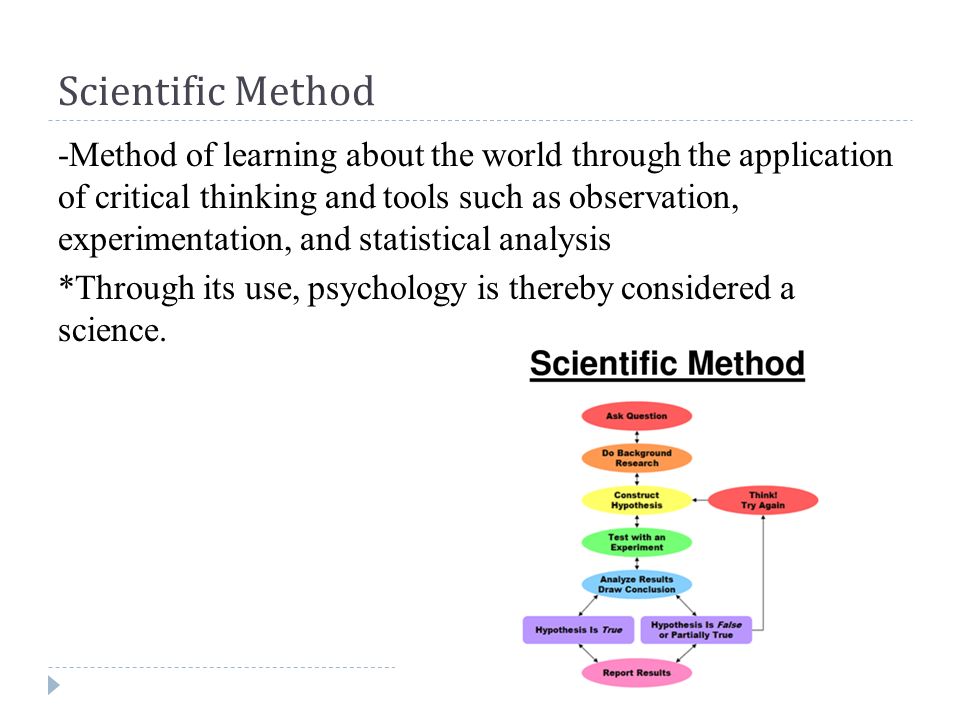 Scientific Method -Method of learning about the world through the application of critical thinking and tools such as observation, experimentation, and statistical analysis *Through its use, psychology is thereby considered a science.