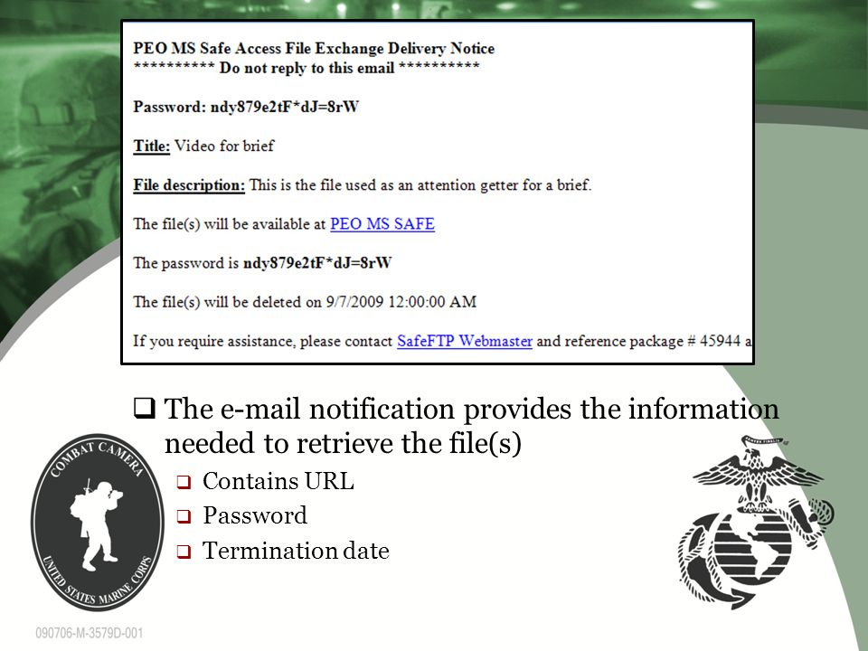  The  notification provides the information needed to retrieve the file(s)  Contains URL  Password  Termination date