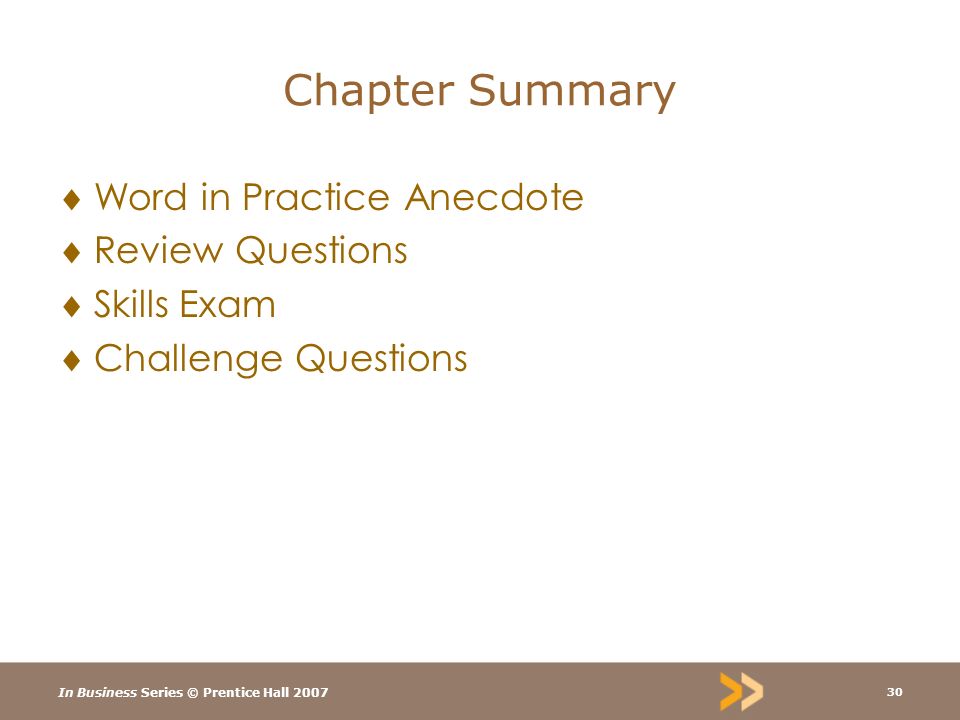 In Business Series © Prentice Hall Chapter Summary  Word in Practice Anecdote  Review Questions  Skills Exam  Challenge Questions
