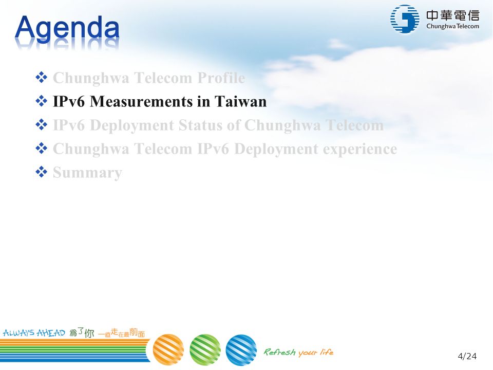 1 Chia Wei Tseng Chunghwa Telecom 24 Chunghwa Telecom Profile Ipv6 Measurements In Taiwan Ipv6 Deployment Status Of Chunghwa Telecom Ppt Download
