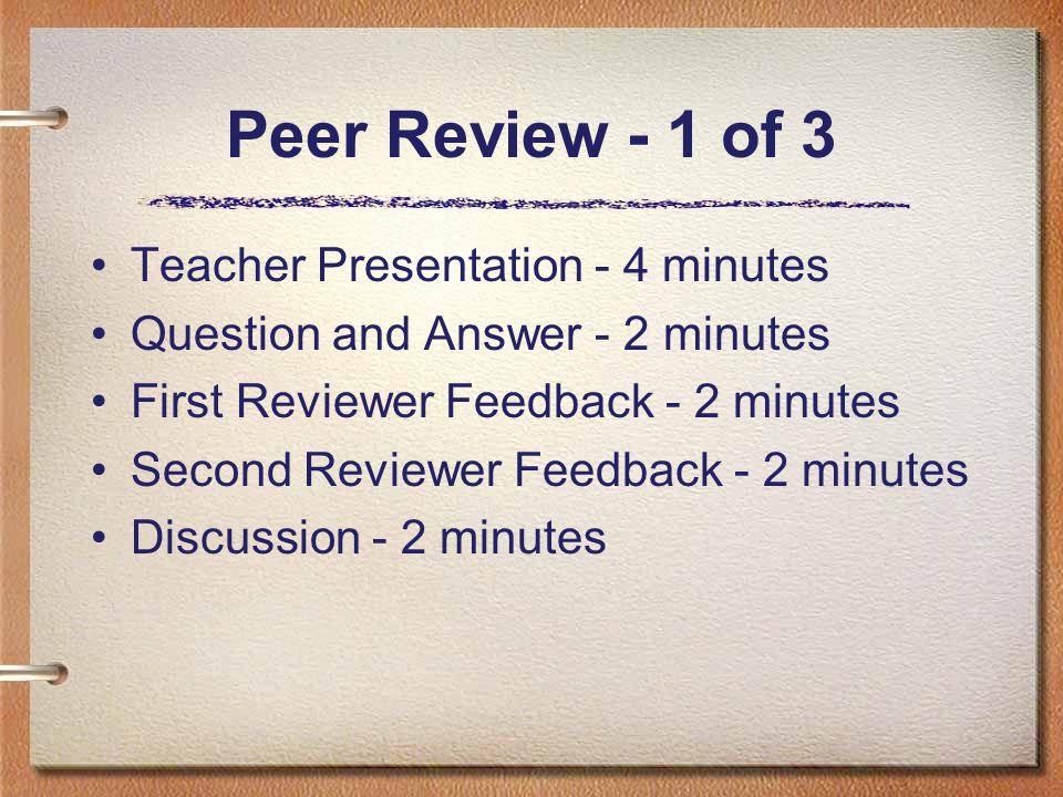 Peer Review - 1 of 3 Teacher Presentation - 4 minutes Question and Answer - 2 minutes First Reviewer Feedback - 2 minutes Second Reviewer Feedback - 2 minutes Discussion - 2 minutes
