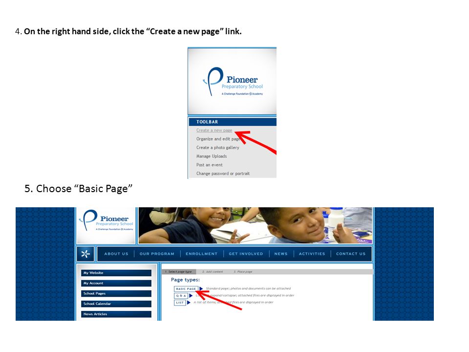 4. On the right hand side, click the Create a new page link. 5. Choose Basic Page